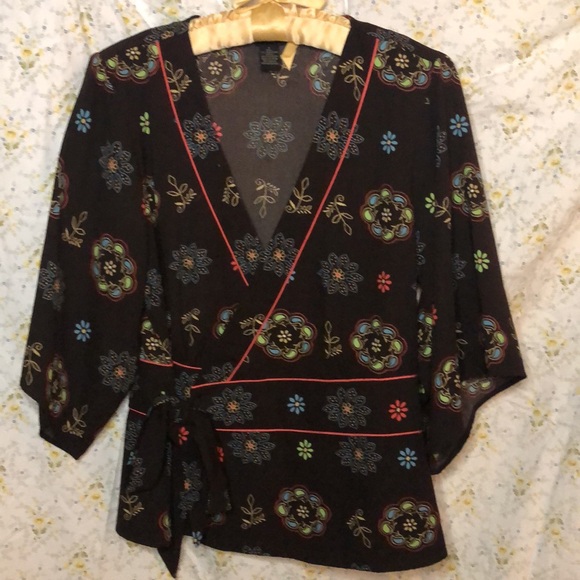 SILKLAND dark brown multi colored floral print w’top w/large sleeves. Size S. - Picture 8 of 8